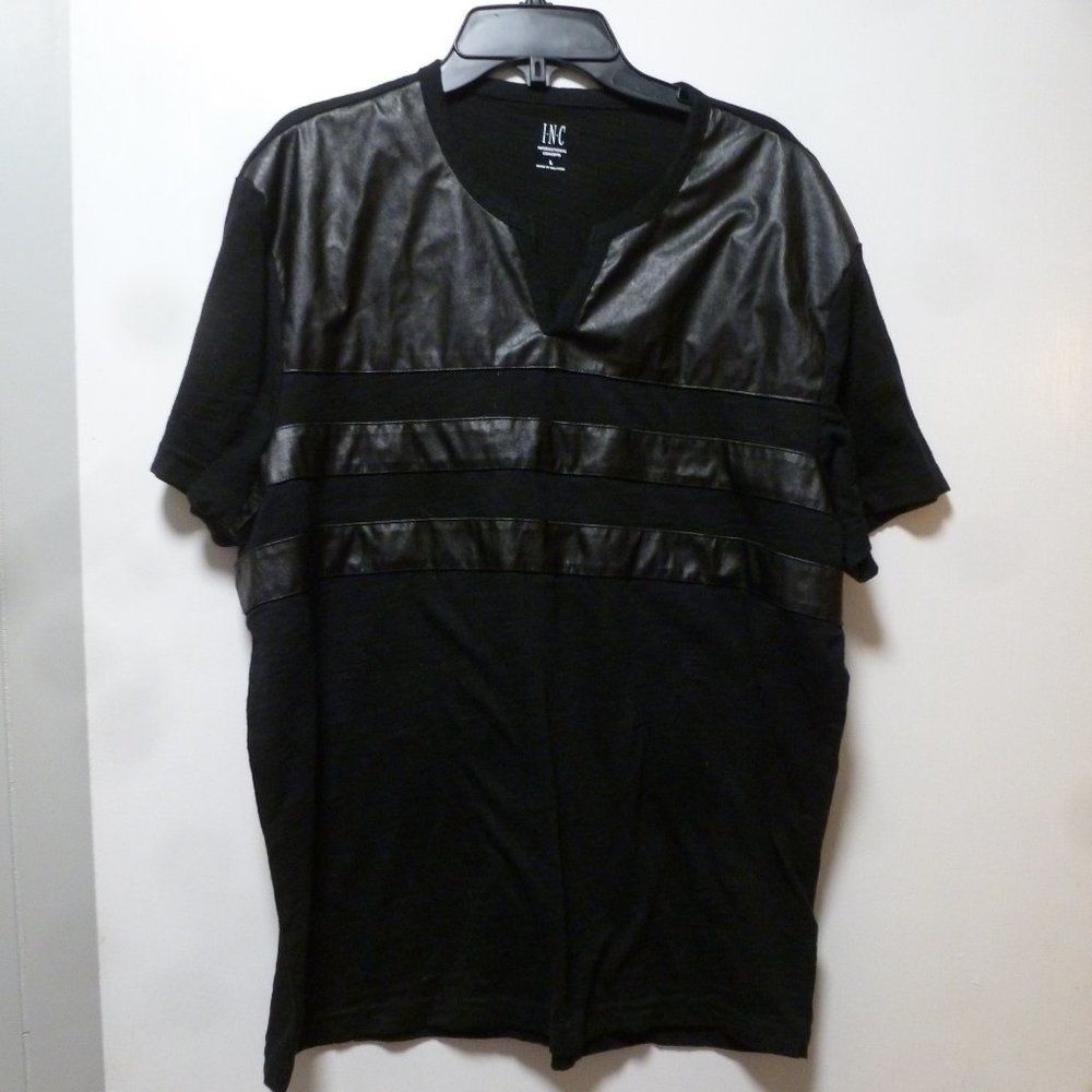 COPY - NWOT INC Black w/ foux Leather stripes V neck  t-shirt Large